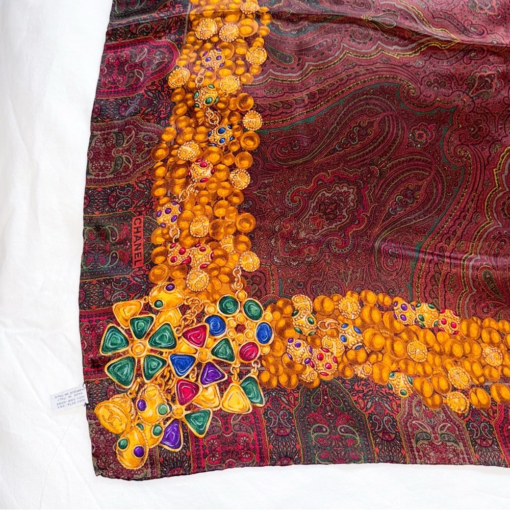 Chanel gripoix silk scarf rare paisley jewel chain multicolor authentic vintage - Picture 2 of 14